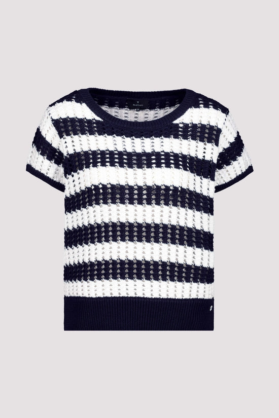 Monari Marine Blue & White Striped Short Sleeve Ajour Sweater 410893