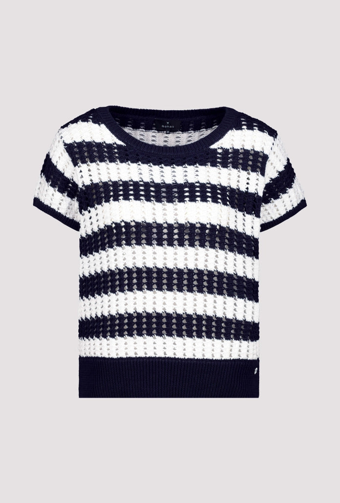 Monari Marine Blue & White Striped Short Sleeve Ajour Sweater 410893