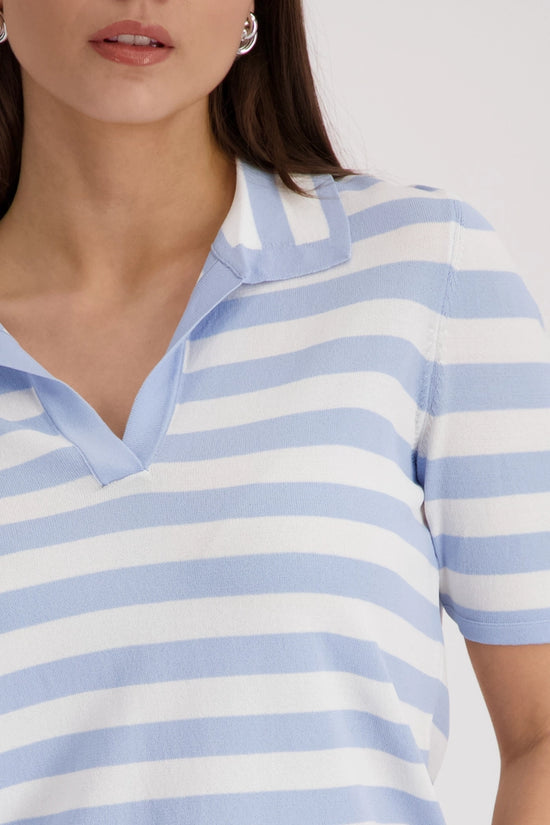 Monari Sea Blue Polo Top with Stripes 410903