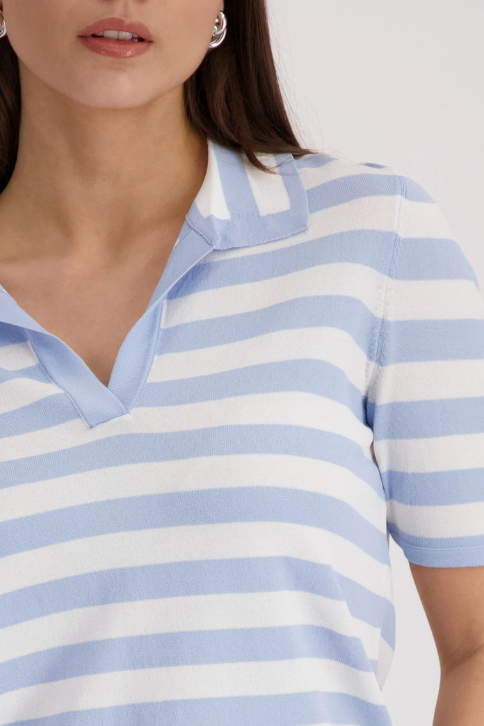 Monari Sea Blue Polo Top with Stripes 410903