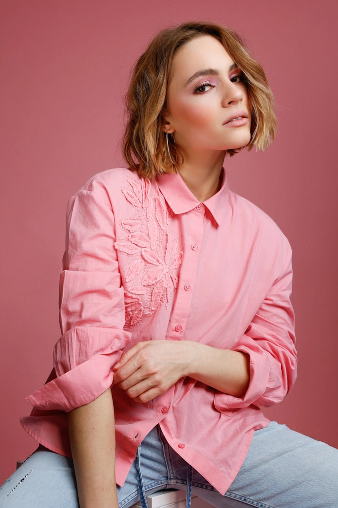 Monari Pink Long Sleeve Blouse with Appliquéd Flowers 410260