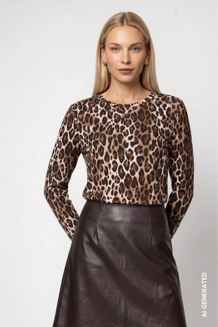 Monari Hazelnut Long-Sleeve Top with Leopard Print