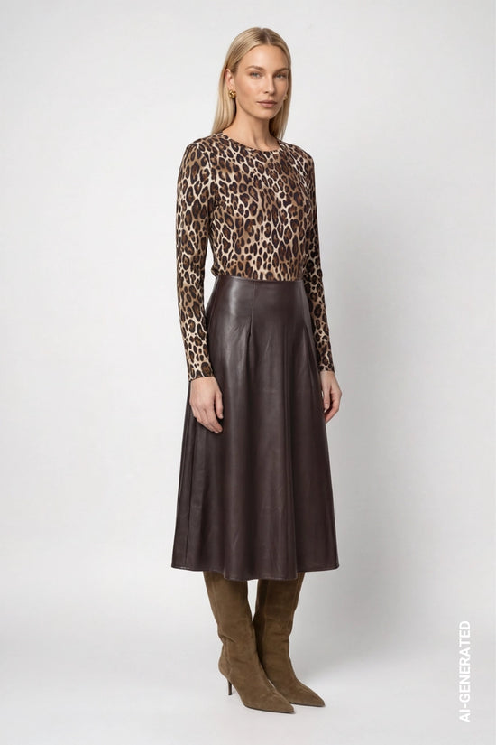 Monari Hazelnut Long-Sleeve Top with Leopard Print