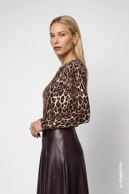 Monari Hazelnut Long-Sleeve Top with Leopard Print