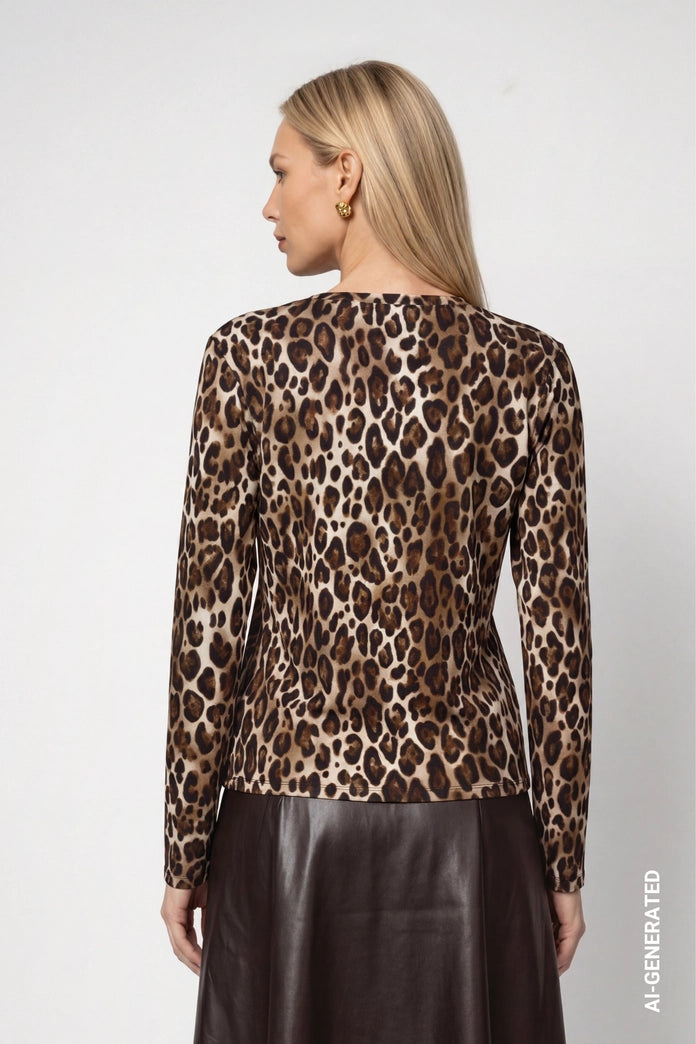 Monari Hazelnut Long-Sleeve Top with Leopard Print
