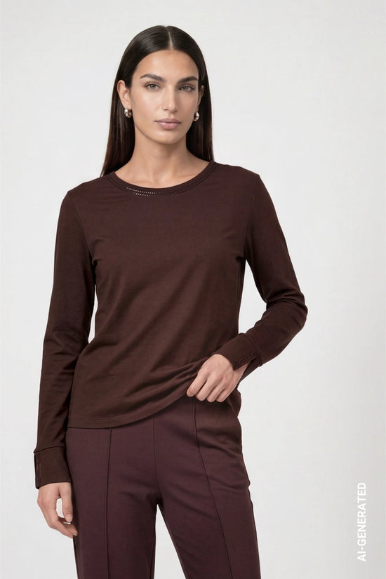 Monari Coffee Long Sleeve Top with Rhinestone Details