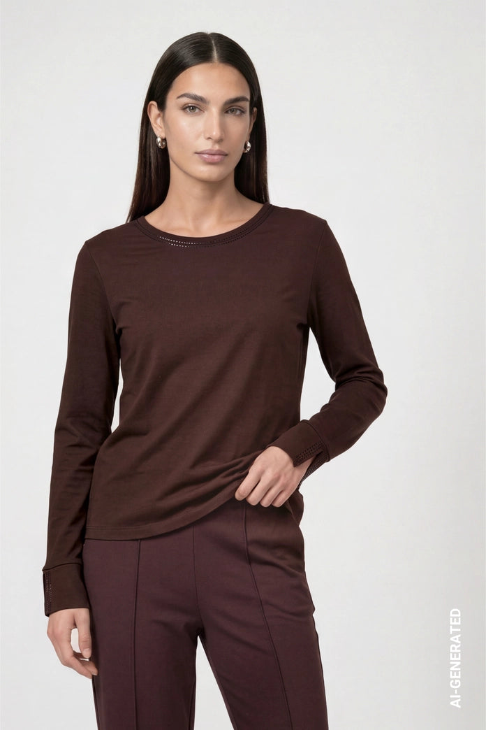 Monari Coffee Long Sleeve Top with Rhinestone Details