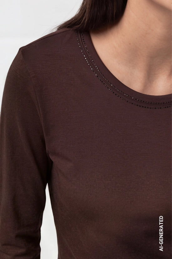 Monari Coffee Long Sleeve Top with Rhinestone Details