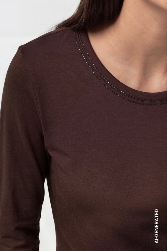 Monari Coffee Long Sleeve Top with Rhinestone Details