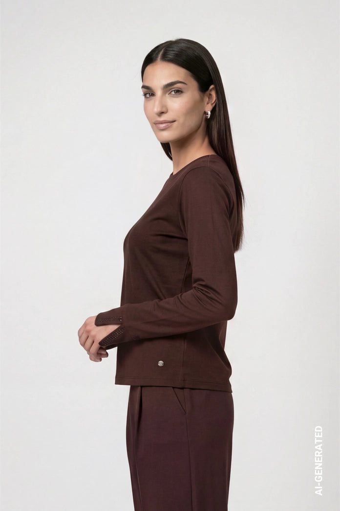 Monari Coffee Long Sleeve Top with Rhinestone Details