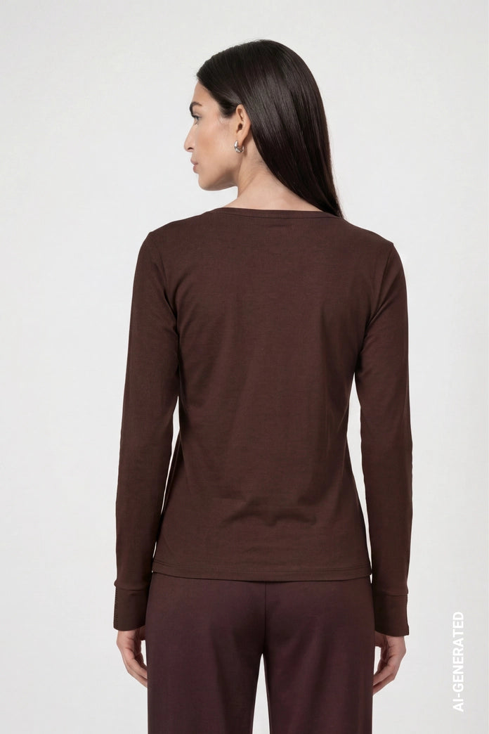 Monari Coffee Long Sleeve Top with Rhinestone Details
