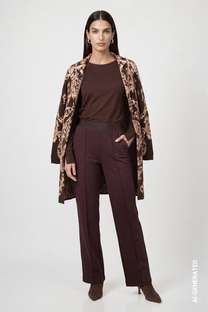 Monari Coffee Long Sleeve Top with Rhinestone Details
