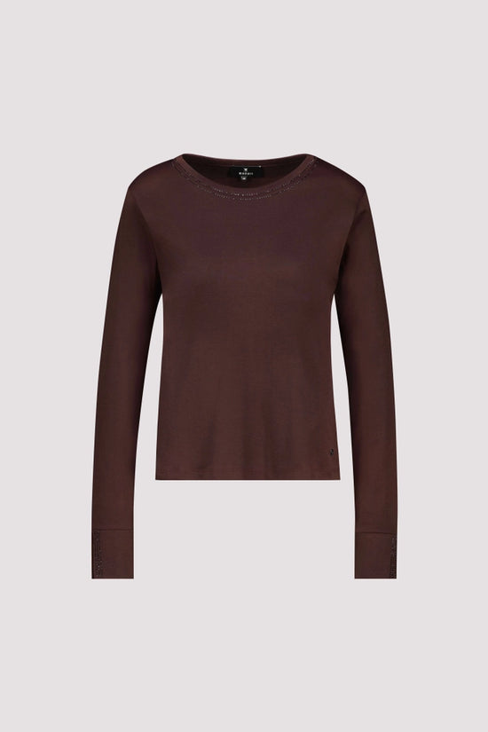 Monari Coffee Long Sleeve Top with Rhinestone Details