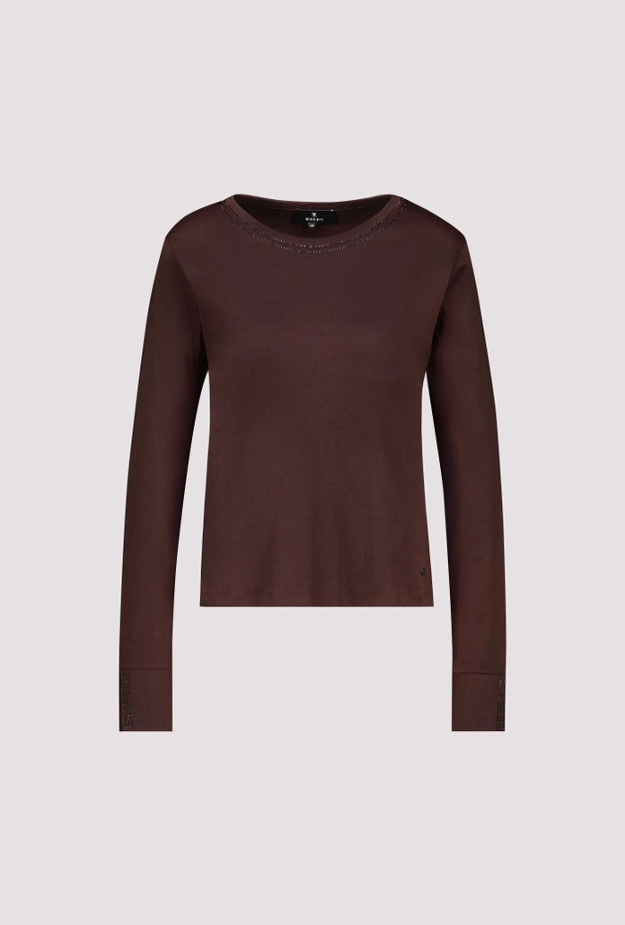 Monari Coffee Long Sleeve Top with Rhinestone Details