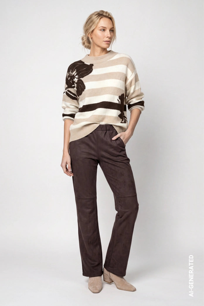 Monari Coffee Straight Leg Velour Trousers