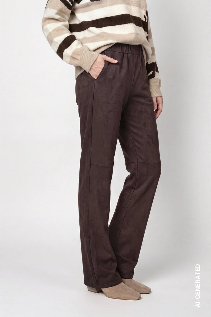 Monari Coffee Straight Leg Velour Trousers