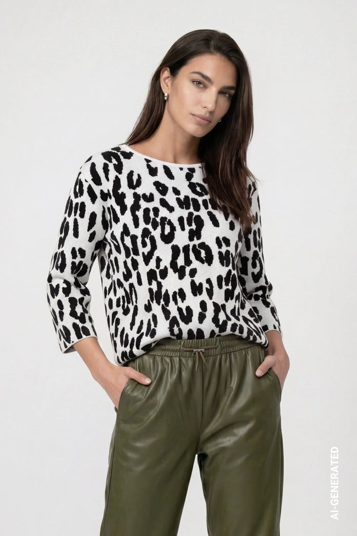 Monari Black Knitted Sweater with Leo-Jacquard
