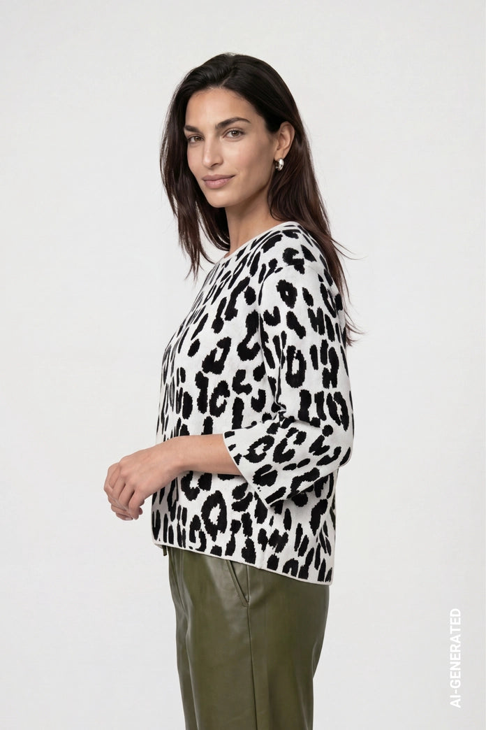 Monari Black Knitted Sweater with Leo-Jacquard