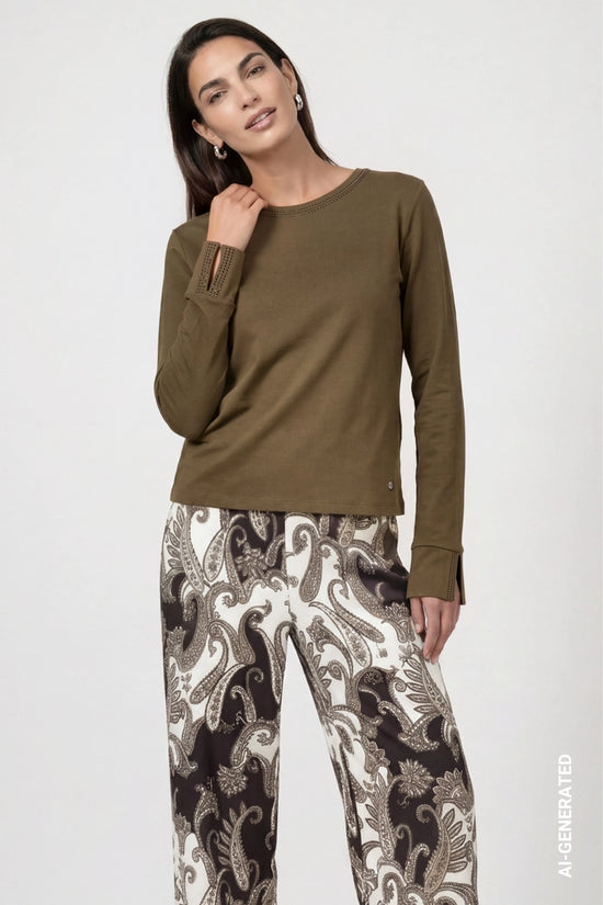 Monari Olive Long Sleeve T-Shirt with Rhinestone Details