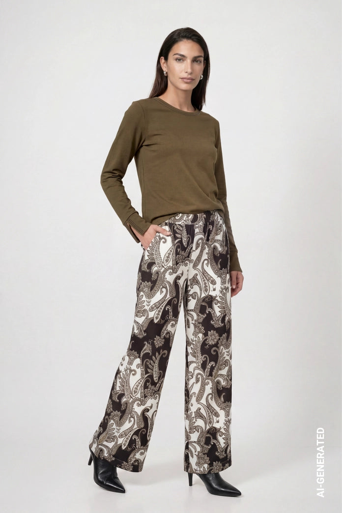 Monari Olive Long Sleeve T-Shirt with Rhinestone Details