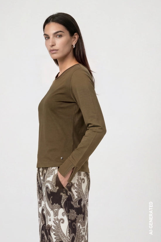 Monari Olive Long Sleeve T-Shirt with Rhinestone Details
