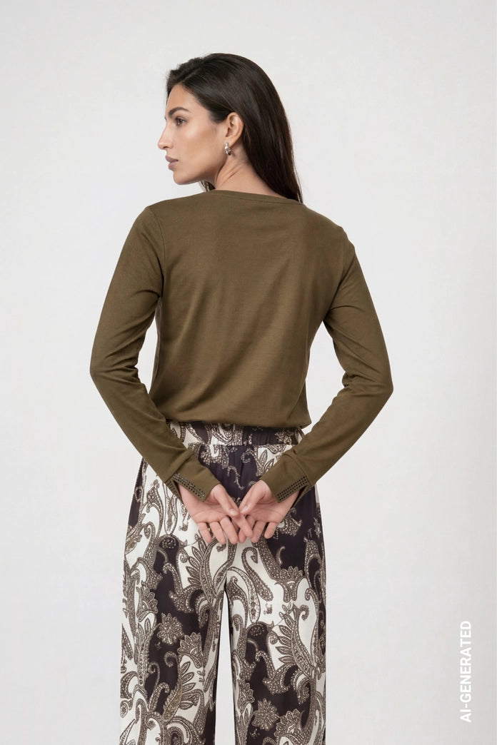 Monari Olive Long Sleeve T-Shirt with Rhinestone Details