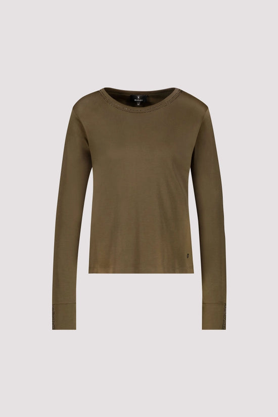 Monari Olive Long Sleeve T-Shirt with Rhinestone Details