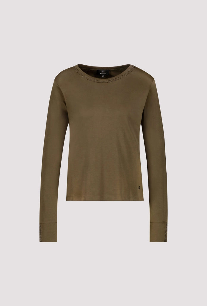 Monari Olive Long Sleeve T-Shirt with Rhinestone Details