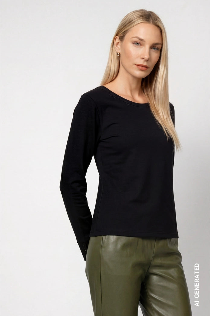 Monari Black Long Sleeve T-Shirt with Rhinestone Details