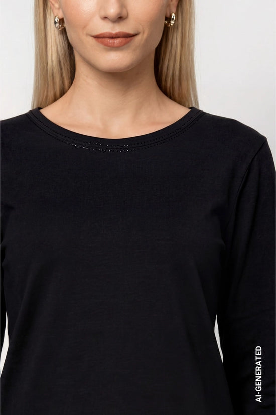 Monari Black Long Sleeve T-Shirt with Rhinestone Details