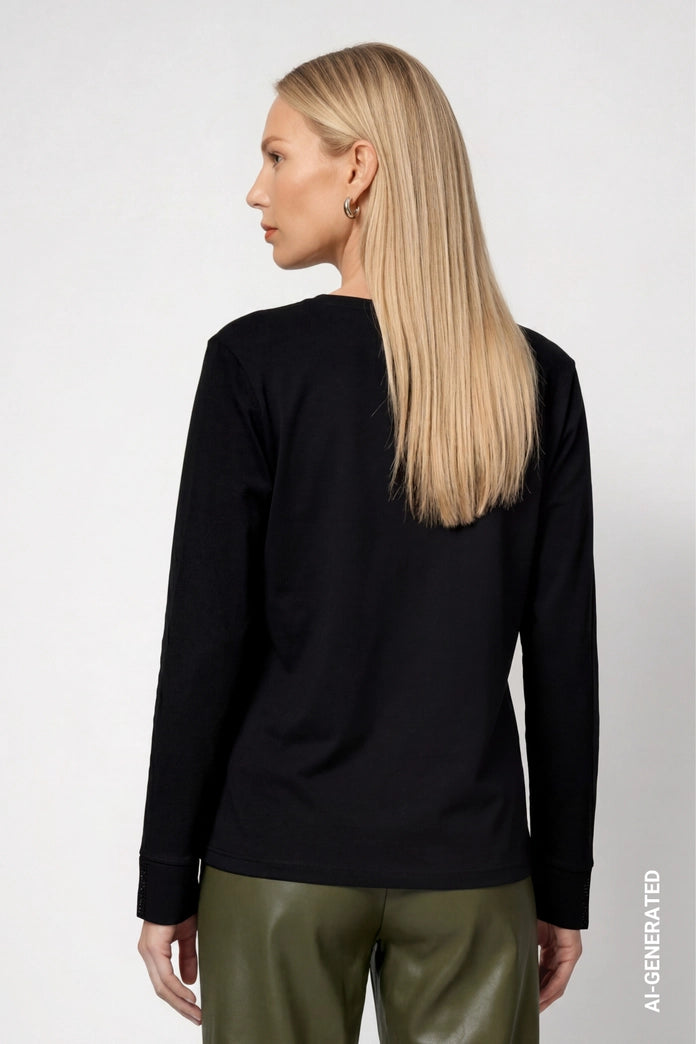 Monari Black Long Sleeve T-Shirt with Rhinestone Details