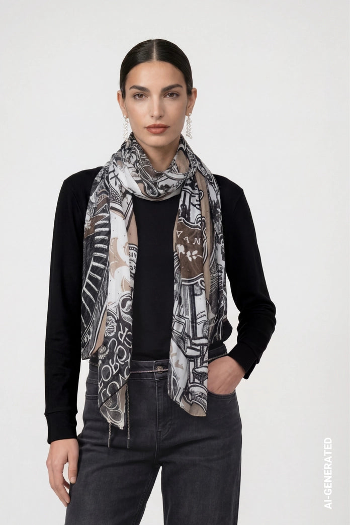 Monari Black Scarf with Emblem Pattern
