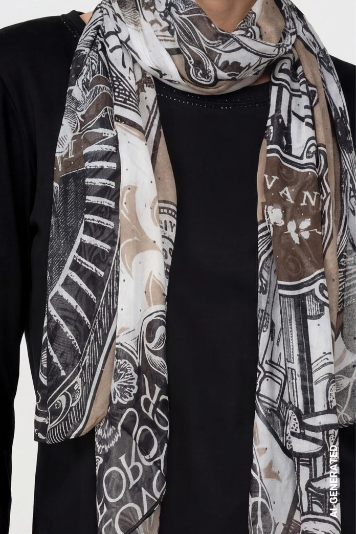 Monari Black Scarf with Emblem Pattern
