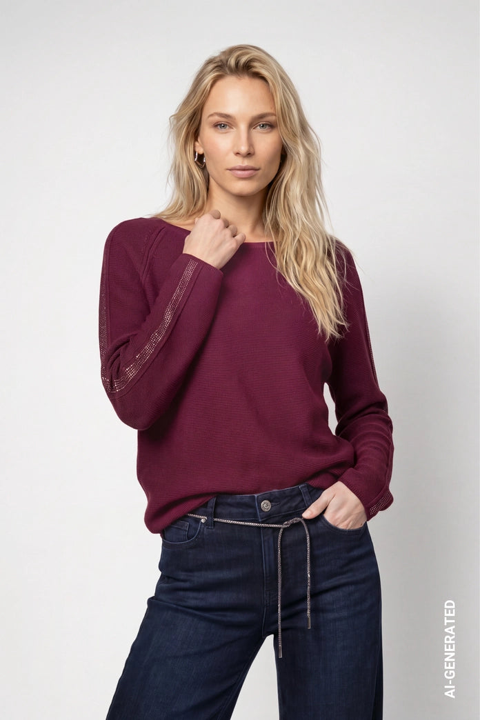 Monari Bordeaux Knitted Sweater with Decorative Accents on Sleeve