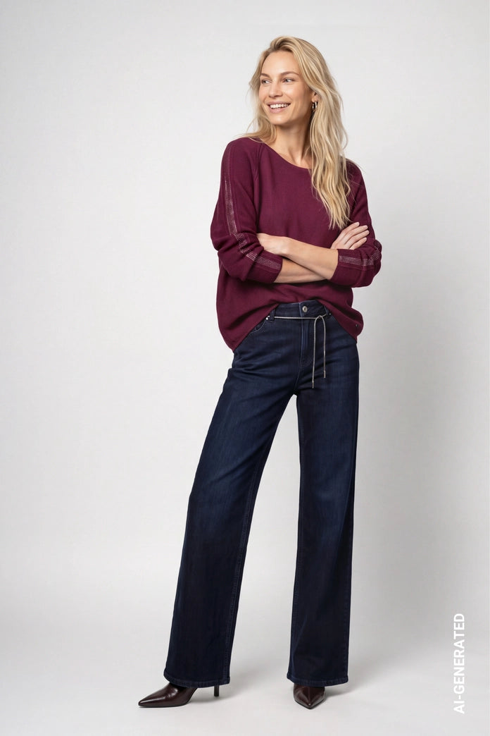 Monari Bordeaux Knitted Sweater with Decorative Accents on Sleeve