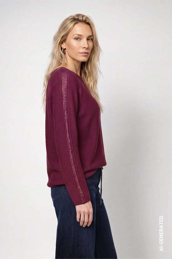 Monari Bordeaux Knitted Sweater with Decorative Accents on Sleeve