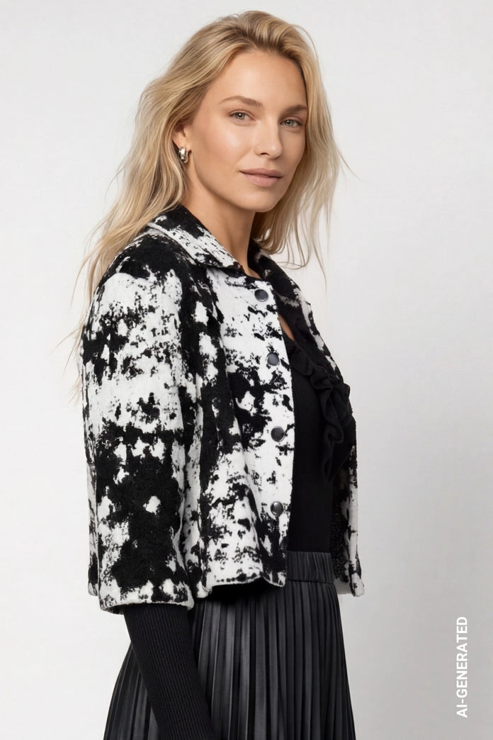 Monari Black and White Knitted Jacket with Jacquard Pattern