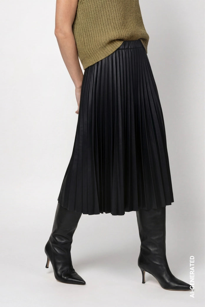 Monari Black Pleated Faux Leather Skirt 