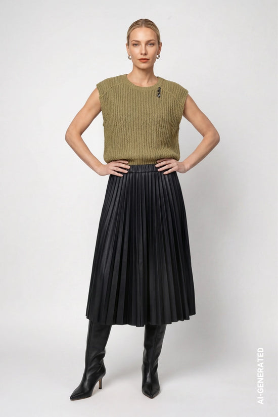 Monari Black Pleated Faux Leather Skirt 