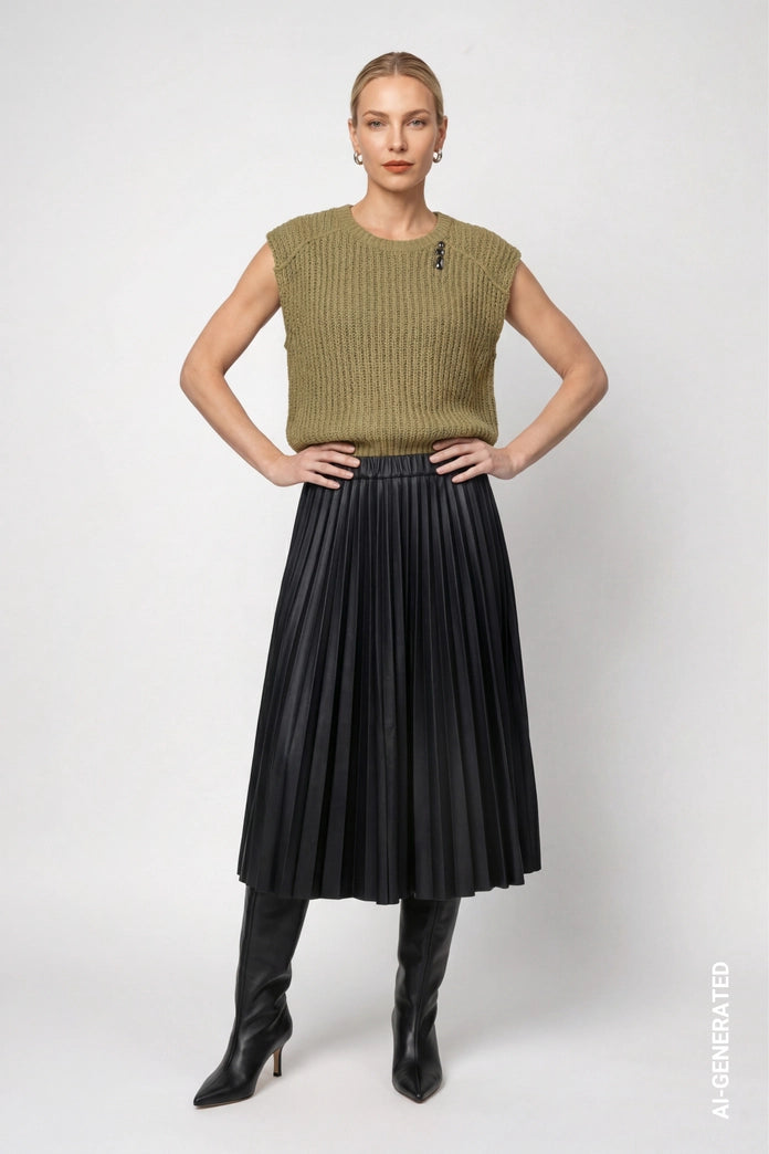 Monari Black Pleated Faux Leather Skirt 