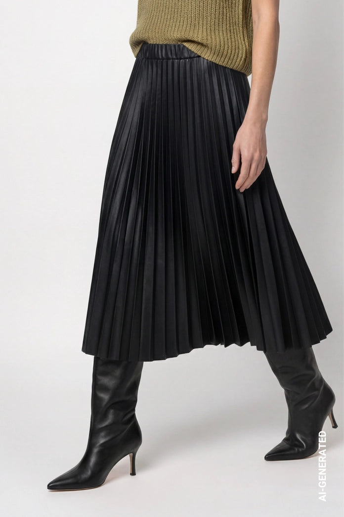 Monari Black Pleated Faux Leather Skirt 