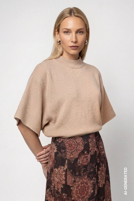 Monari Cappuccino Knitted Sweater with Short Batwing Sleeves