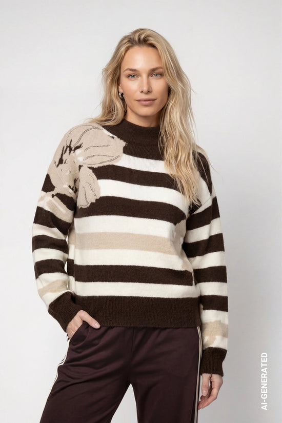 Monari Cappuccino Stripe/Floral Knitted Sweater with a Soft Texture