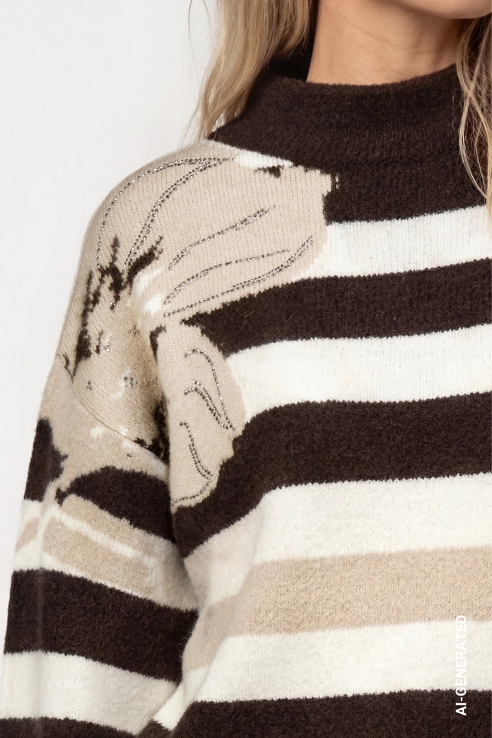 Monari Cappuccino Stripe/Floral Knitted Sweater with a Soft Texture