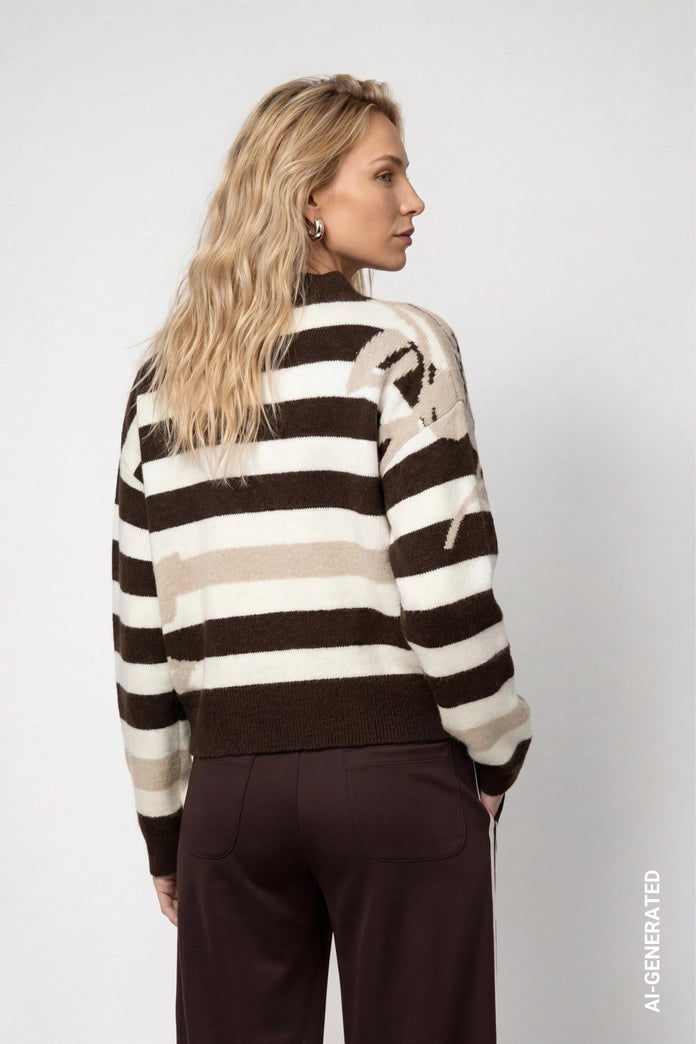 Monari Cappuccino Stripe/Floral Knitted Sweater with a Soft Texture