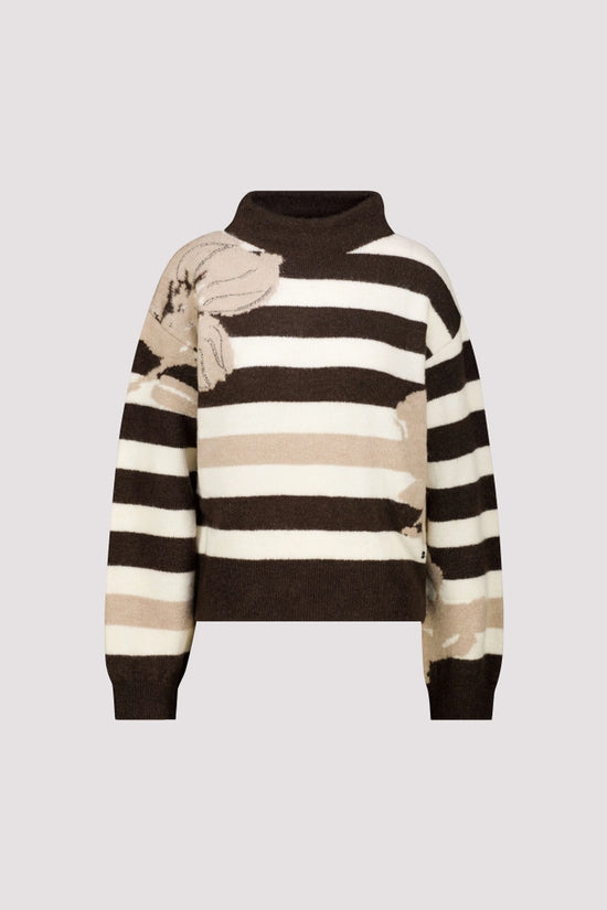Monari Cappuccino Stripe/Floral Knitted Sweater with a Soft Texture
