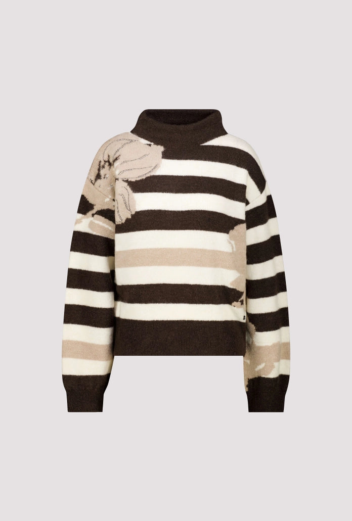 Monari Cappuccino Stripe/Floral Knitted Sweater with a Soft Texture