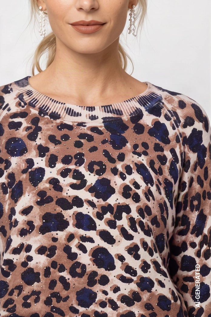 Monari Leopard Print Crew Neck Sweater with Rhinestone Detail