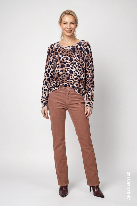 Monari Leopard Print Crew Neck Sweater with Rhinestone Detail