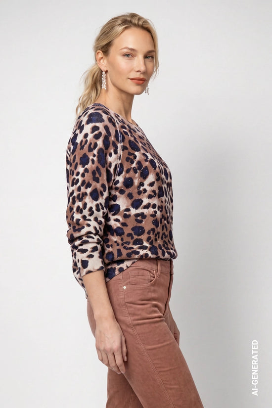Monari Leopard Print Crew Neck Sweater with Rhinestone Detail